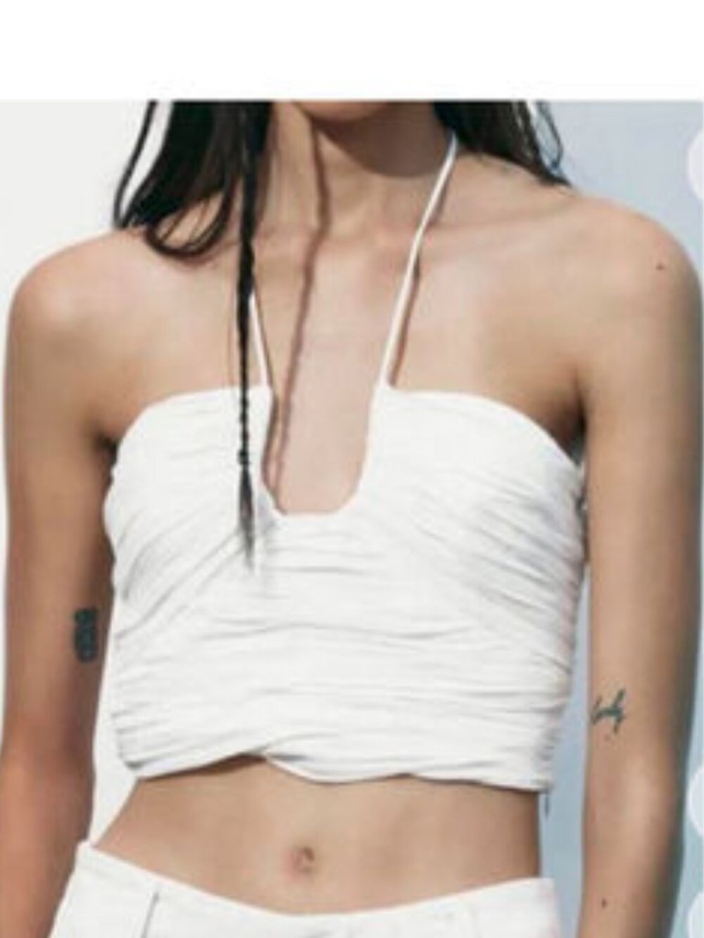 Zara Cropped Ruched Halter Tie Top, Cream - Size Medium